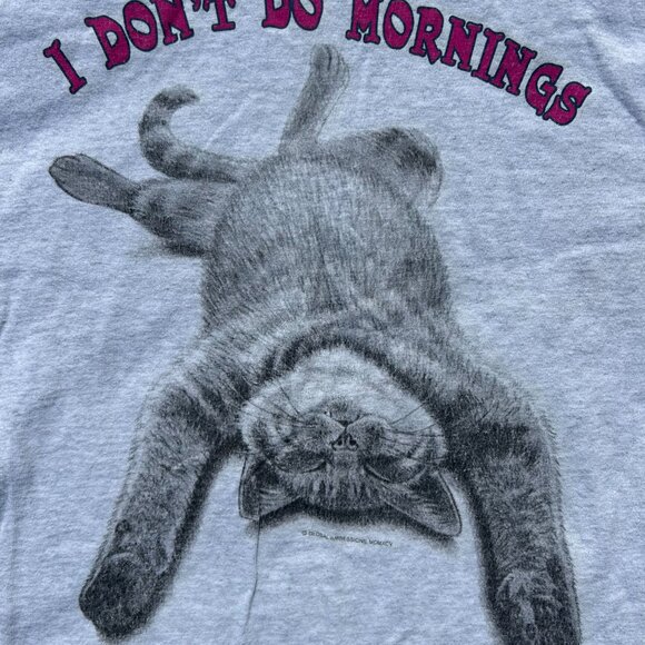 Vintage 90s Cat T Shirt Sz L "I Don't Do Mornings" - Picture 2 of 7